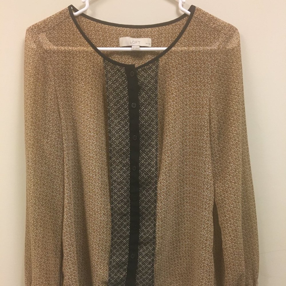 Loft Brown, Black & Tan Sheer Long-Sleeve Blouse